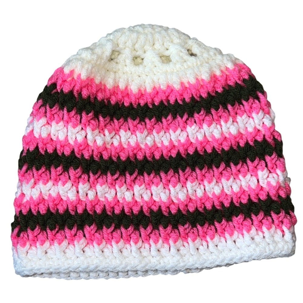 Handmade Crochet Beanie Hat Pink White Green Striped‎ Knit Skull Cap Womens Ini